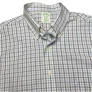 Brooks Brothers Shirt 16 33 Mens L/S Button Down Milano Blue White Gray Plaid